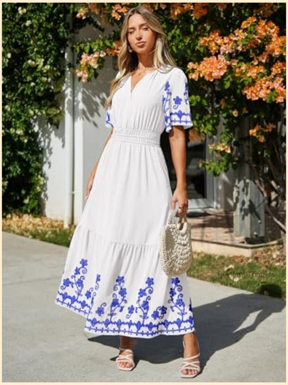 Women's Maxi Dress Short Sleeve V-Neck Embroidery Floral Boho Wedding Guest - Picture 3 of 7